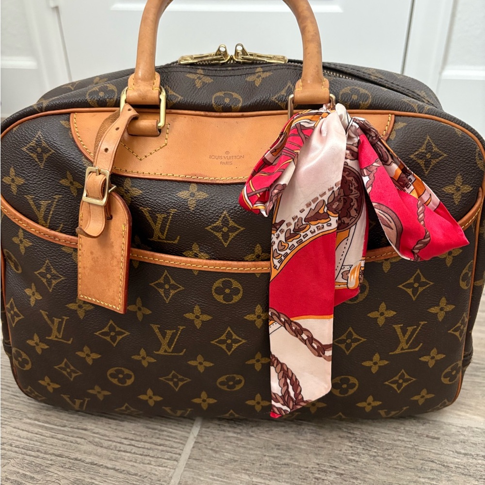 Louis Vuitton Brown Monogram Bag with Red Scarf